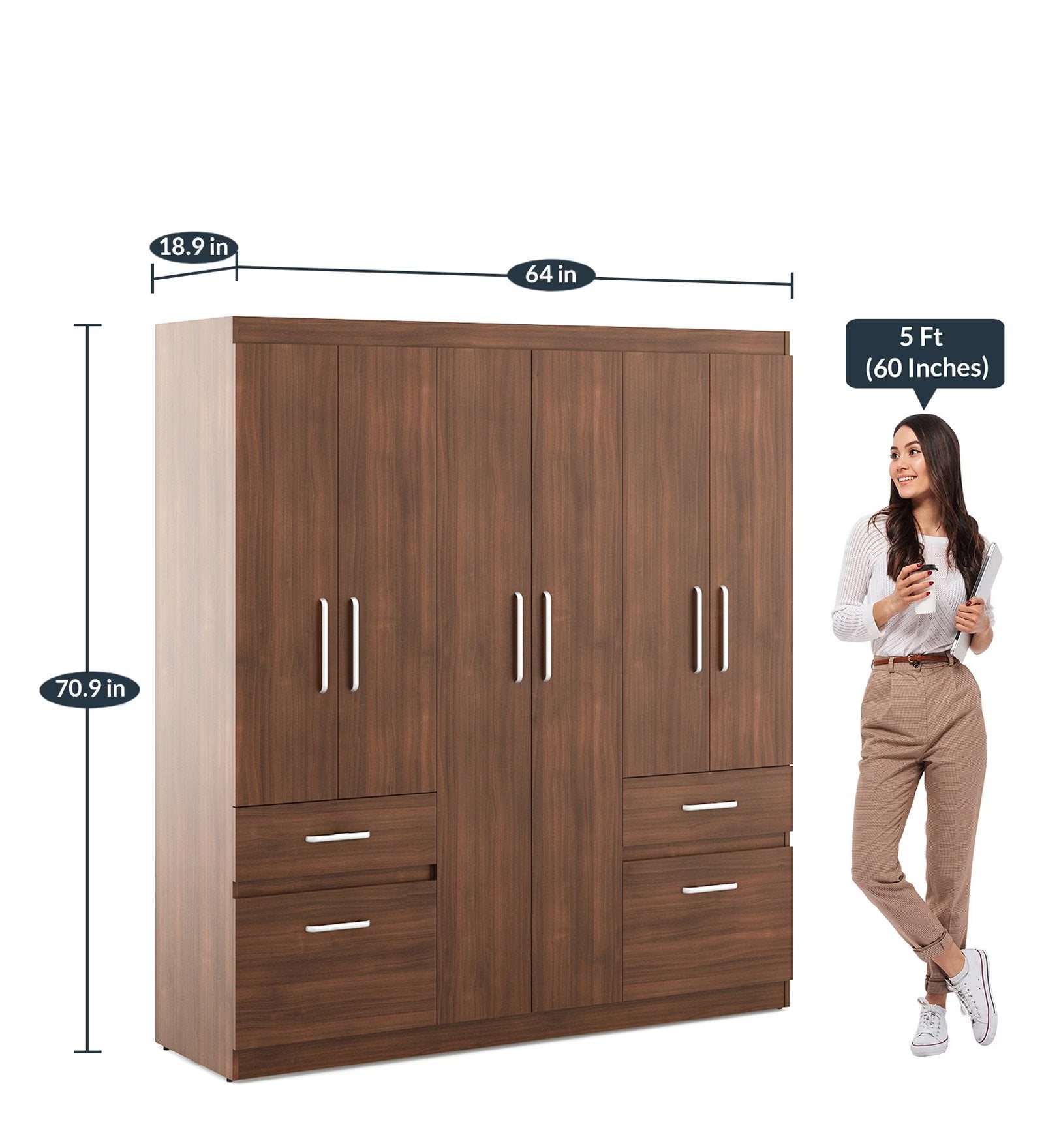 Walnut Rigato Grand 6-Door Wardrobe with Dual Drawers