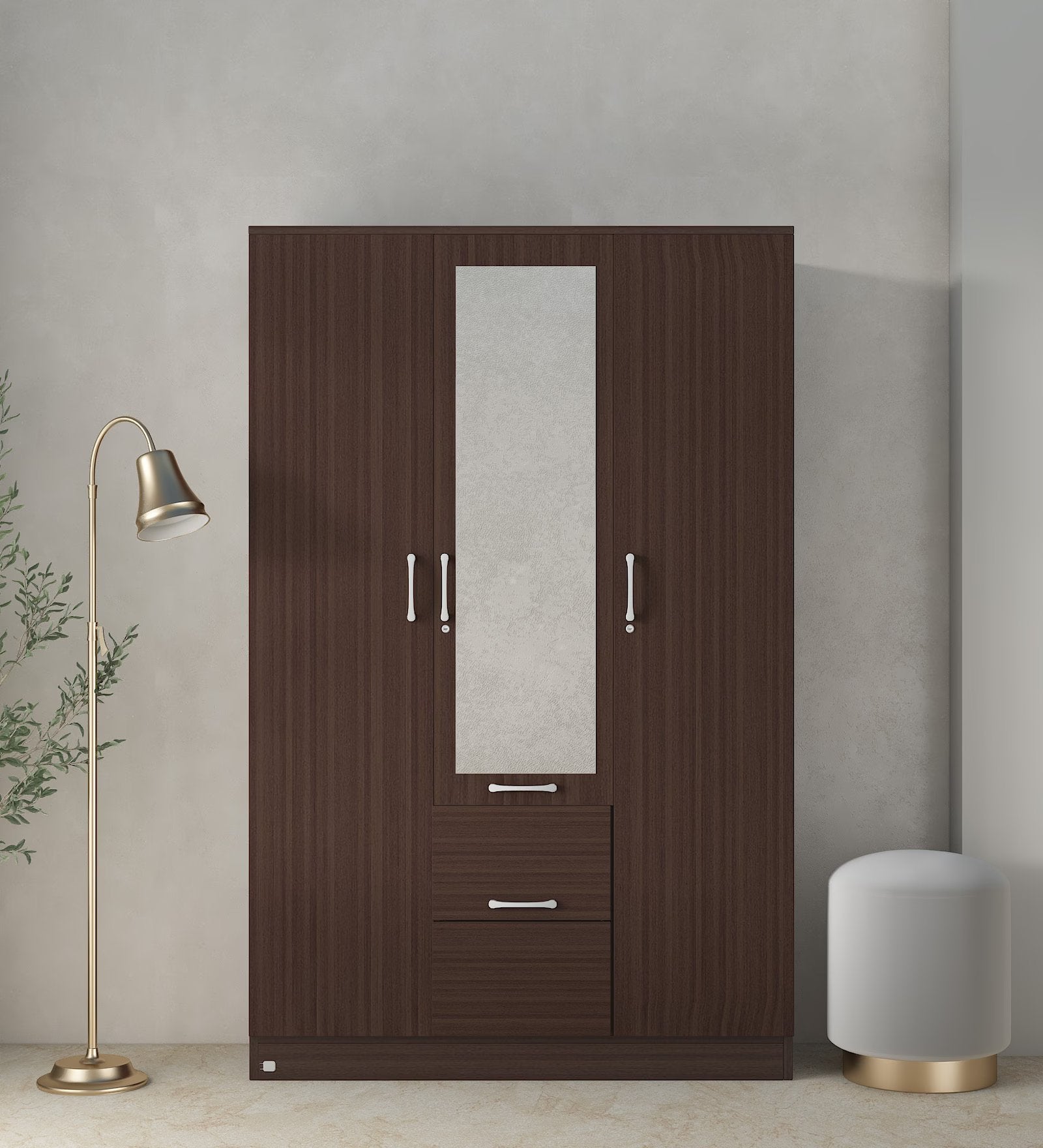 Wenge Elegance 3-Door Wardrobe with Mirror, Lock, and Drawers