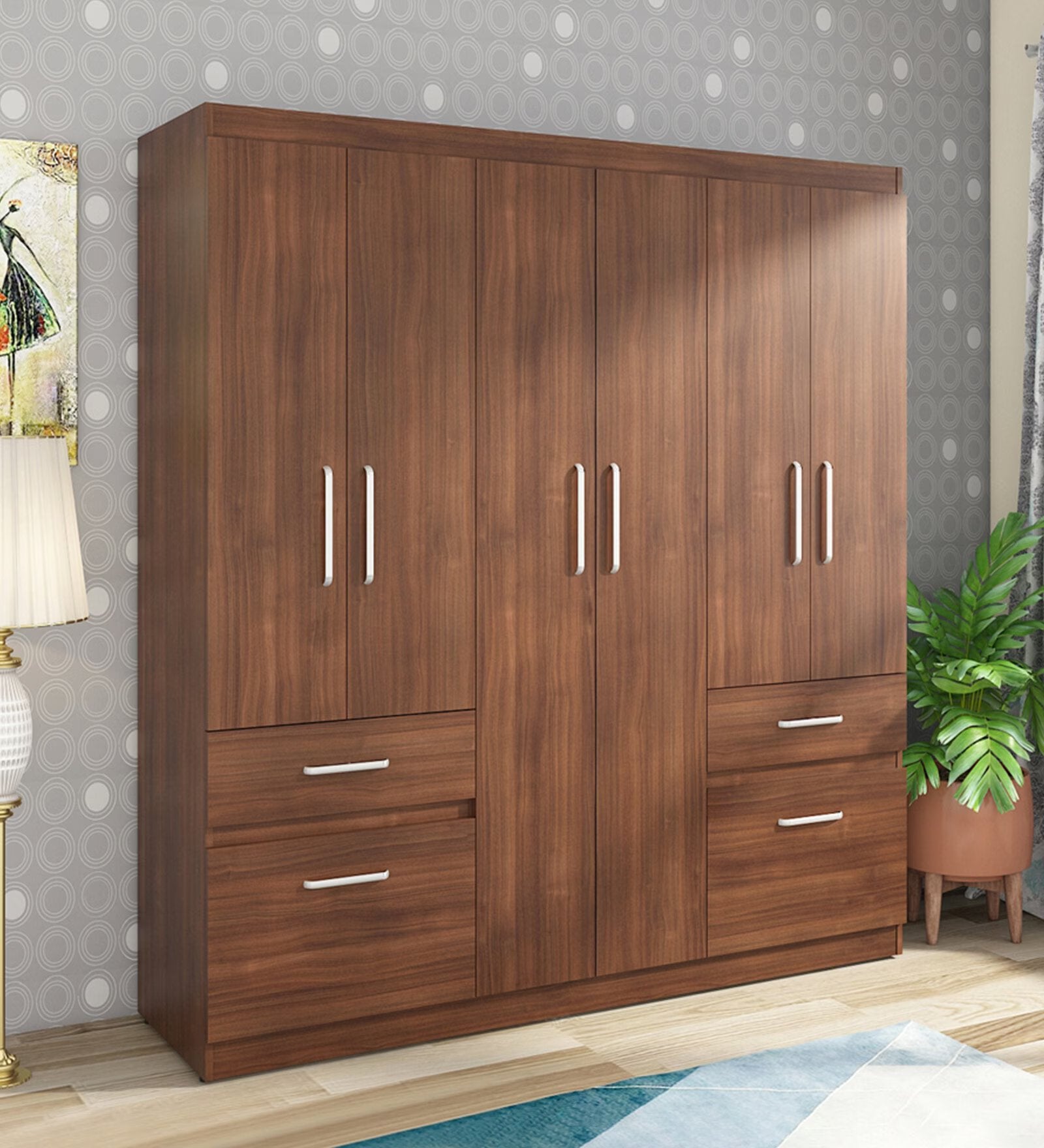 Walnut Rigato Grand 6-Door Wardrobe with Dual Drawers