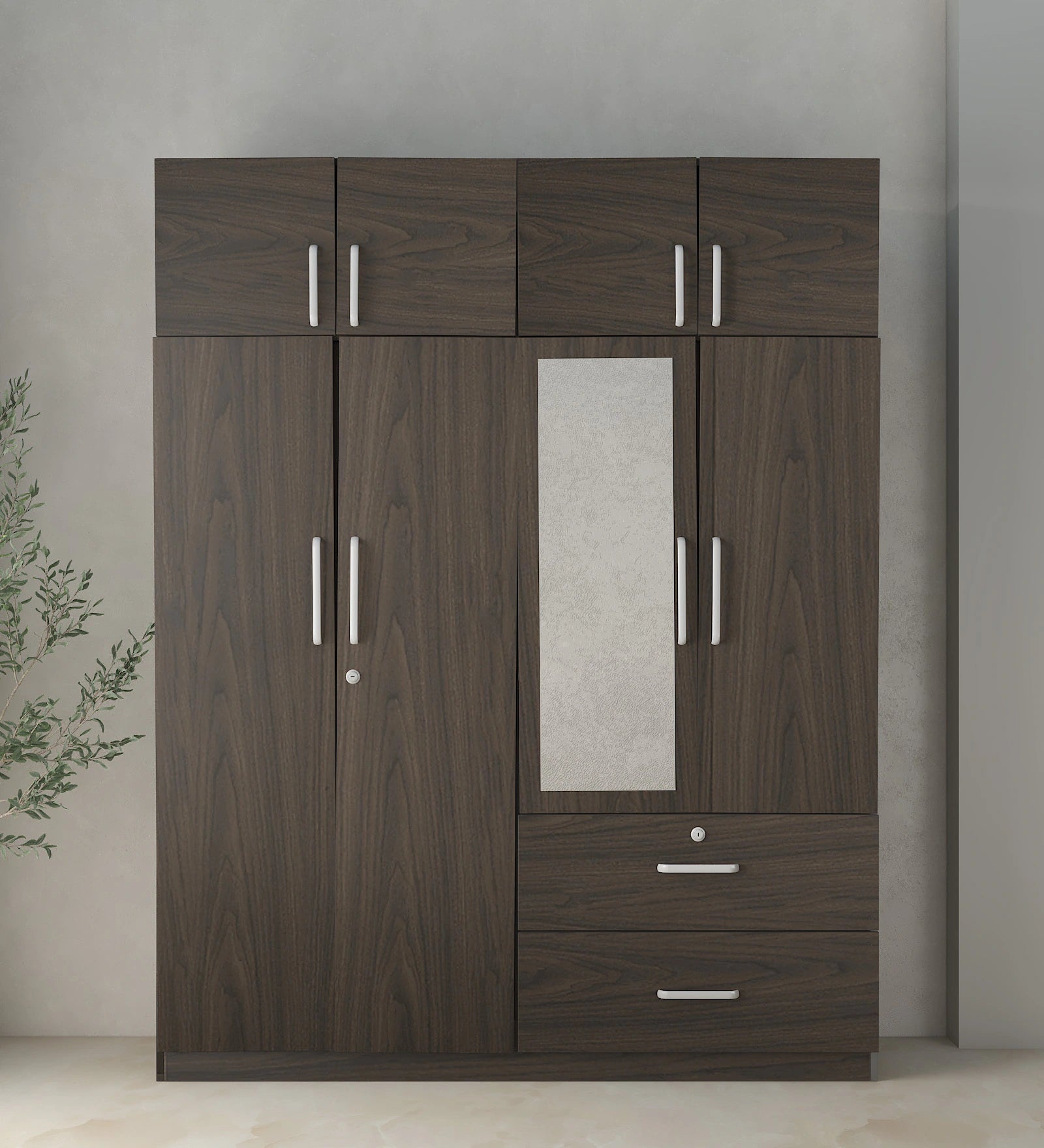Urban Walnut Urbanite 4-Door Wardrobe with Loft, Mirror & Lock