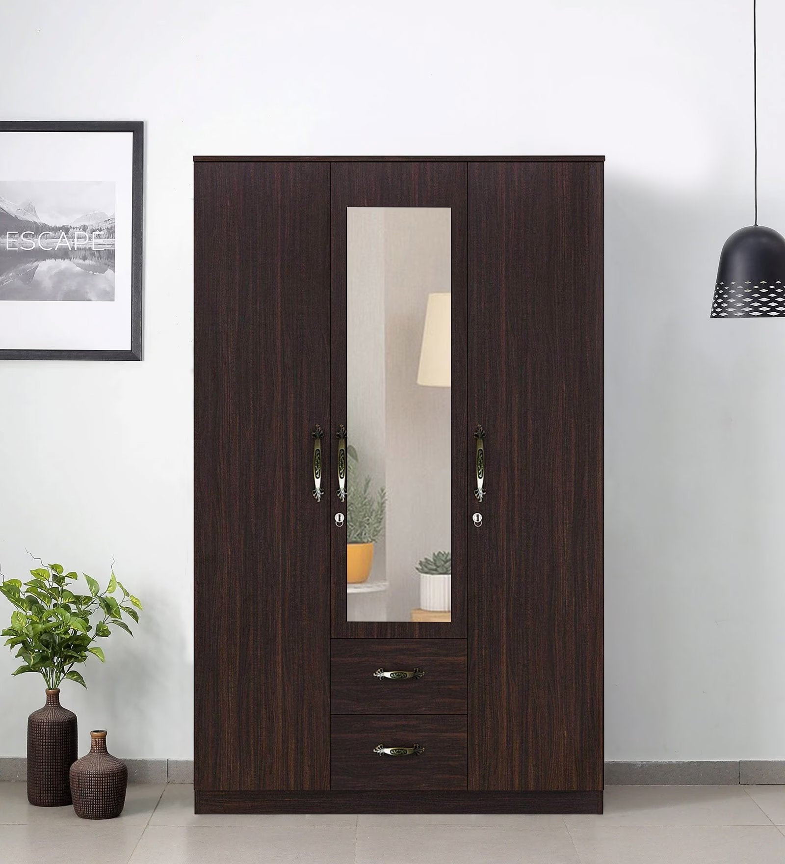 Choco Walnut Mirrorlux 3-Door Wardrobe