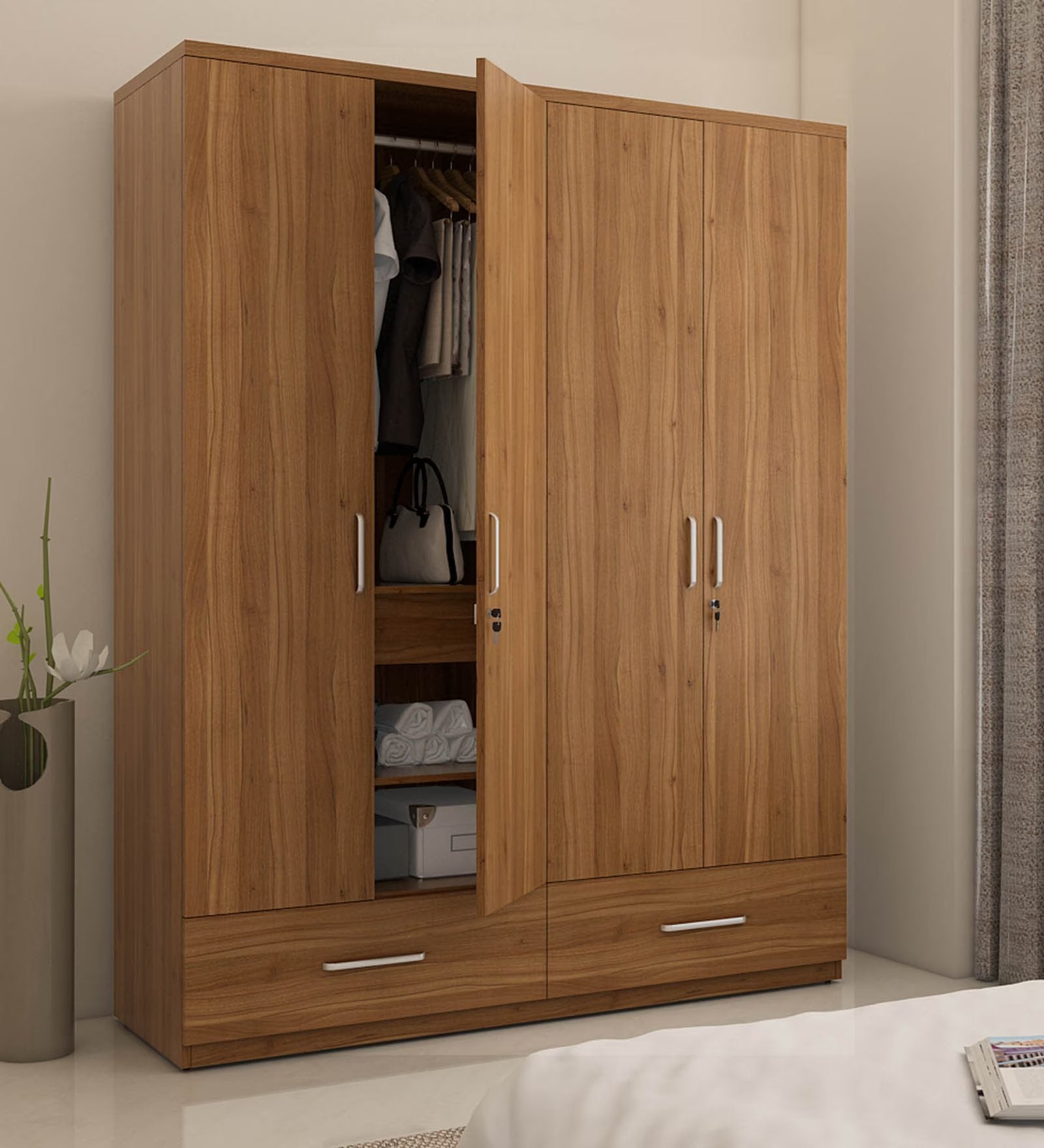 Natural Teak Lindenwood 4-Door Wardrobe