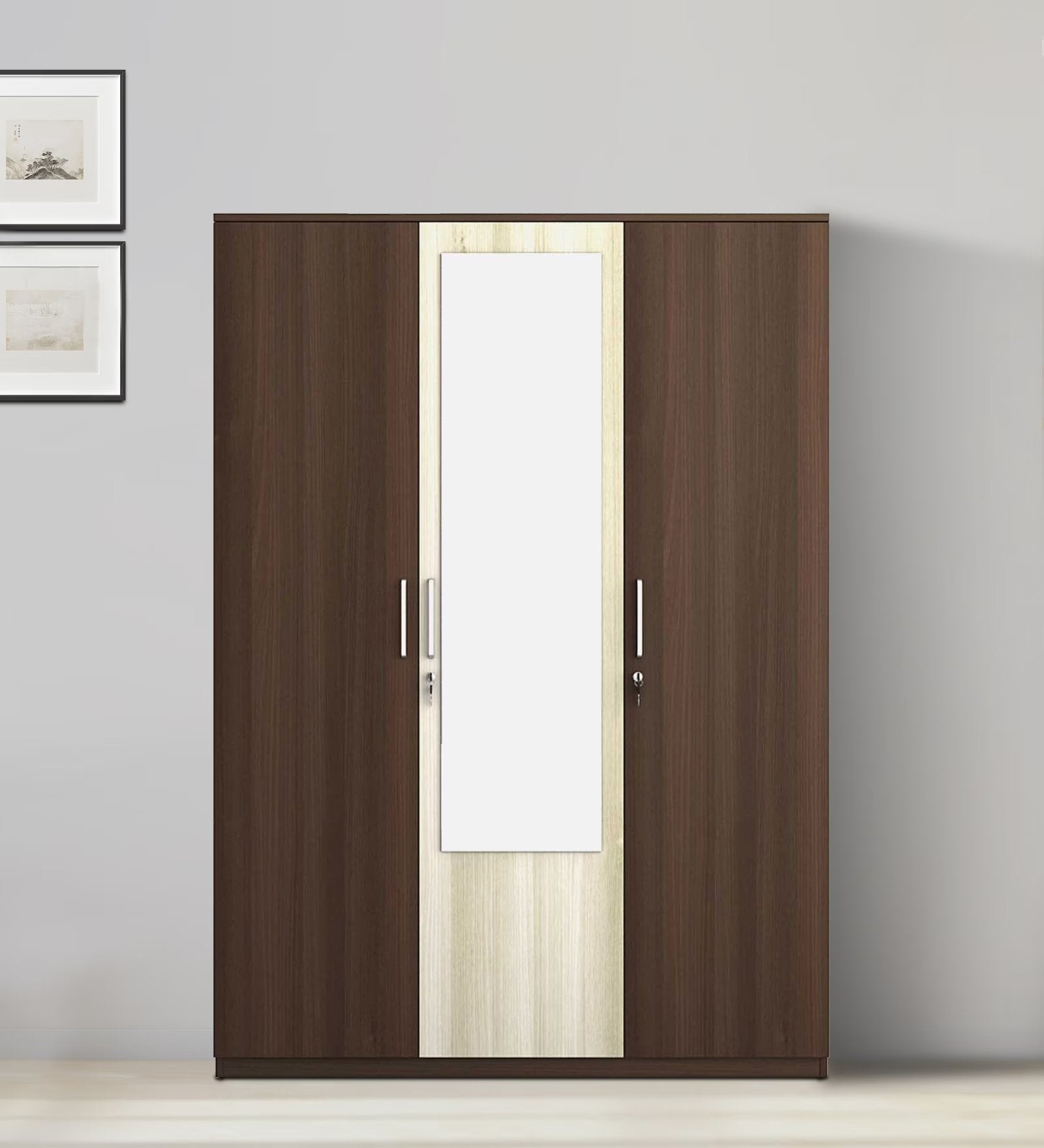 Dark Acacia Crescent 3-Door Wardrobe with Reflect