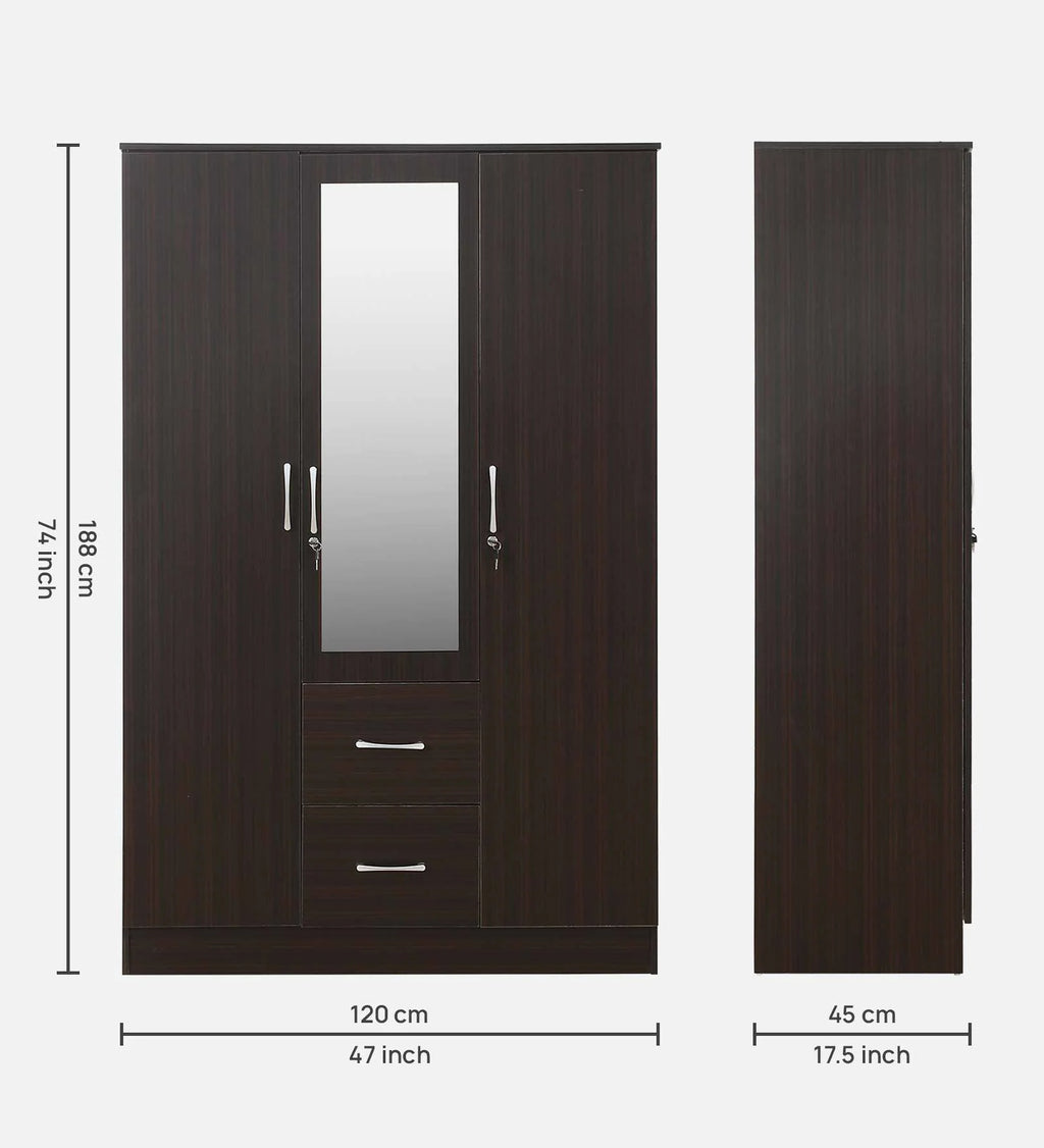 Wenge Elegance 3-Door Wardrobe with Mirror, Lock, and Drawers