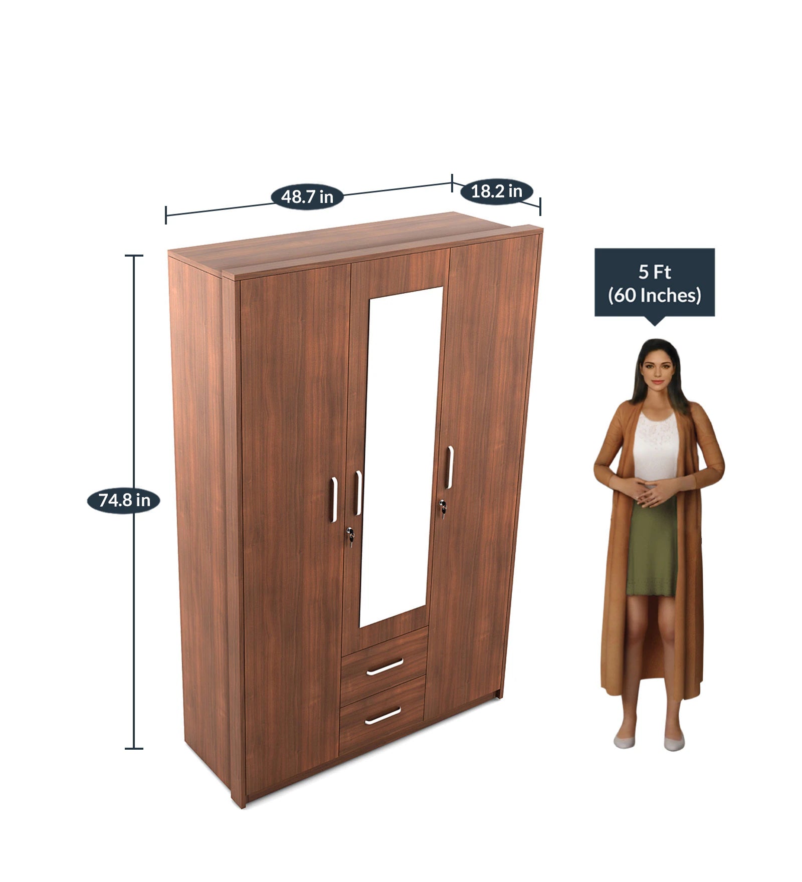 Walnut Elegance 3-Door Wardrobe with Reflect