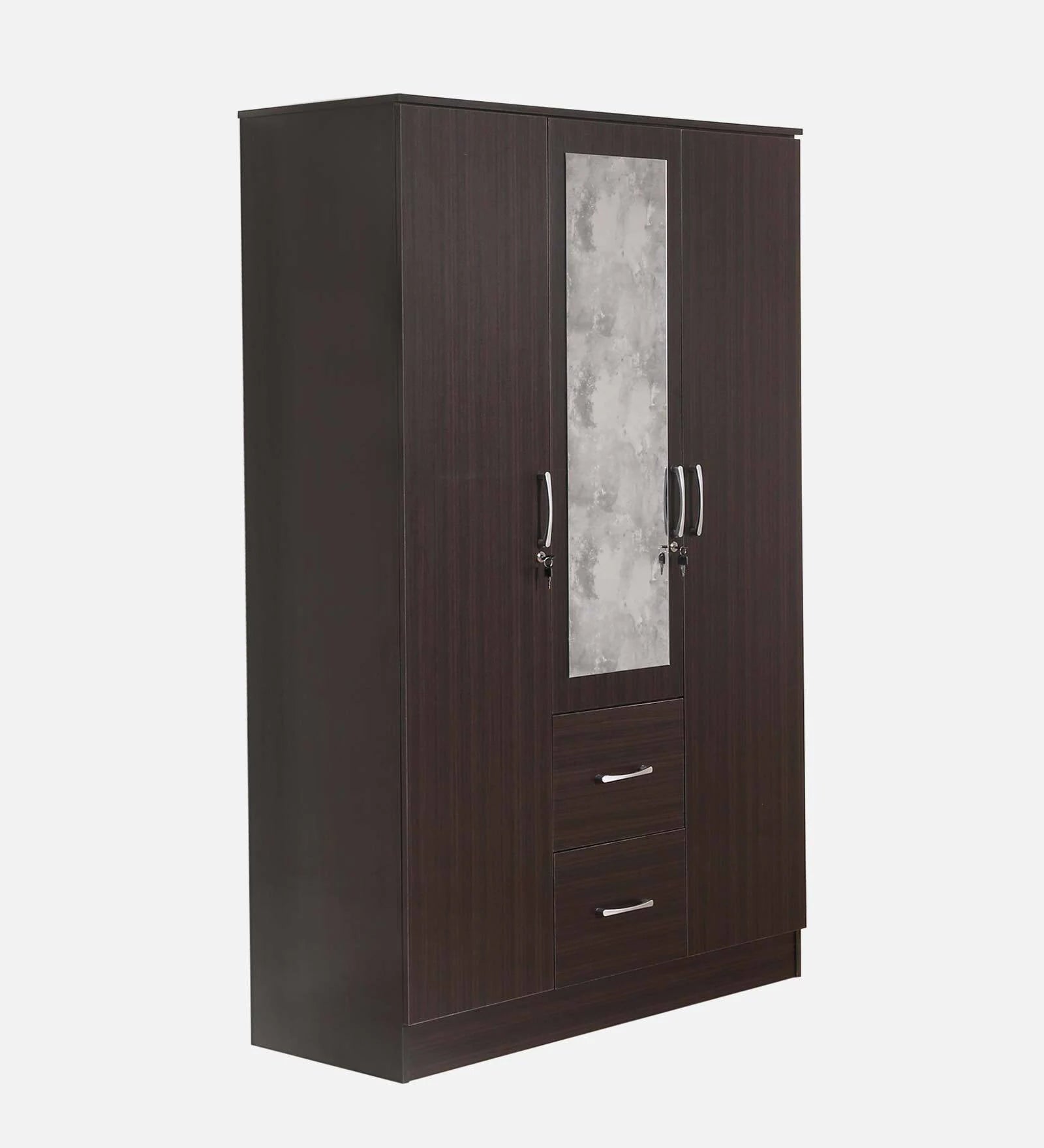 Wenge Elegance 3-Door Wardrobe with Mirror, Lock, and Drawers