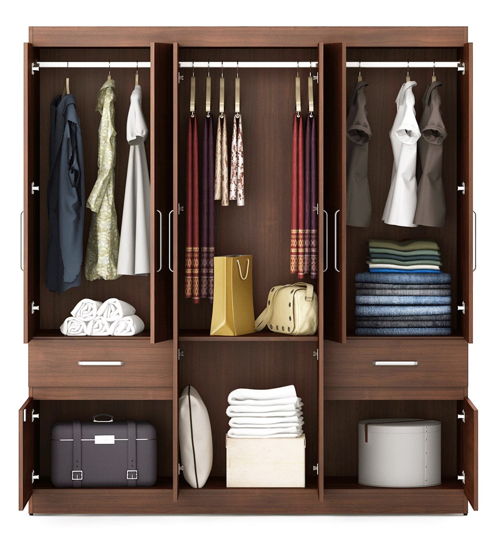 Walnut Rigato Grand 6-Door Wardrobe with Dual Drawers