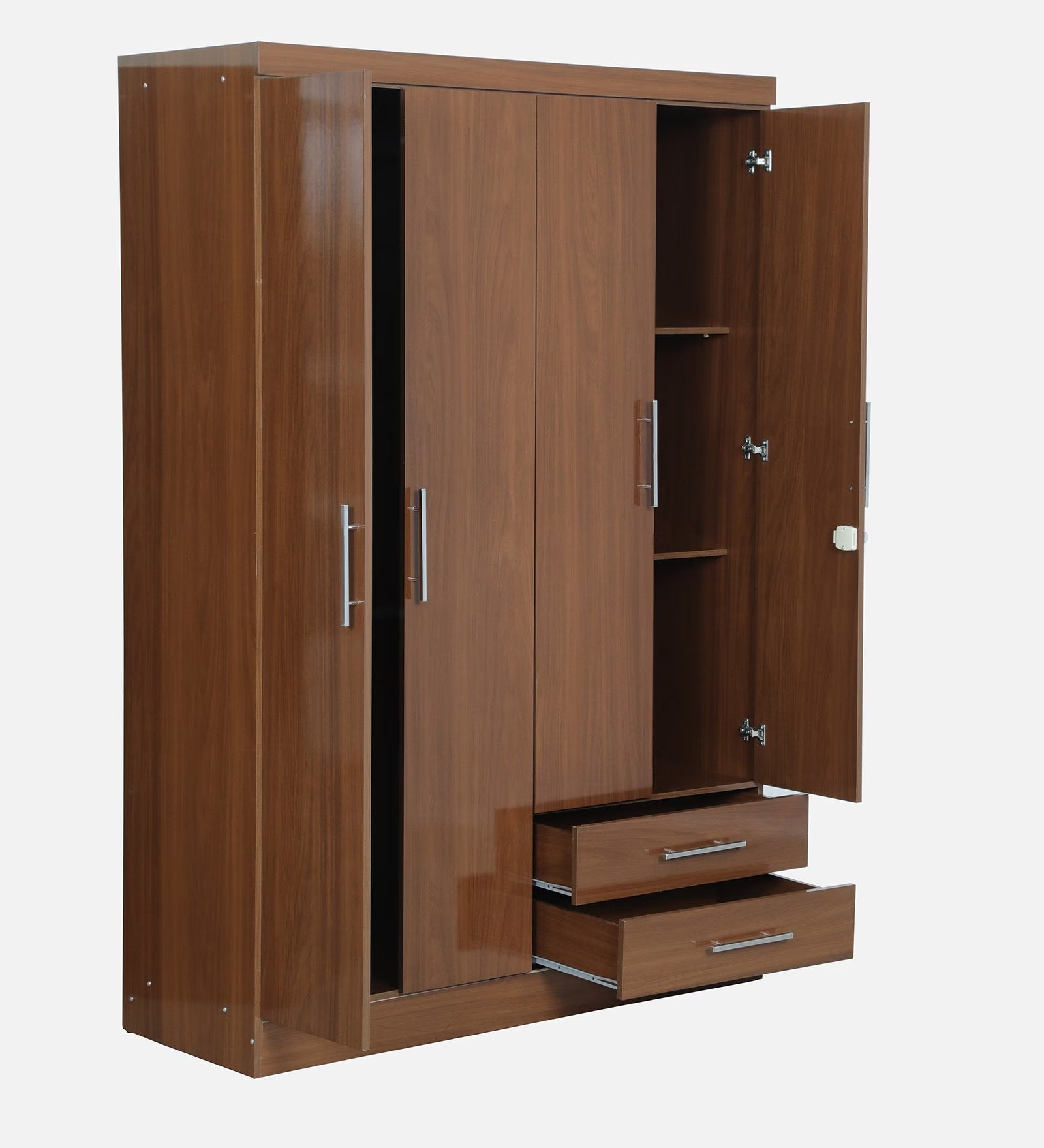 Glossy Teak Secure 4-Door Wardrobe