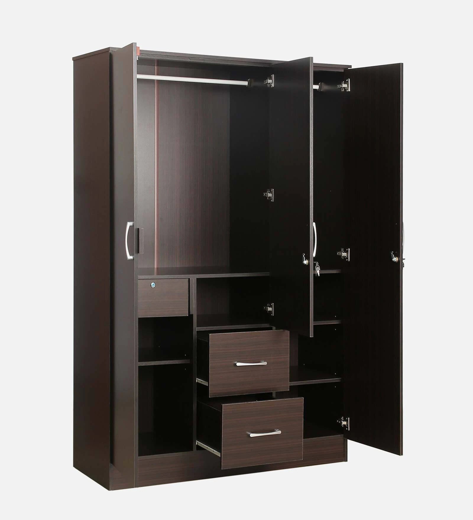 Wenge Elegance 3-Door Wardrobe with Mirror, Lock, and Drawers